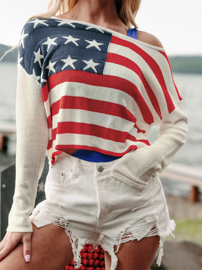 Sweaters- USA Pride Essential Women's Flag Print Sweater Pullover- - IndioGear.com