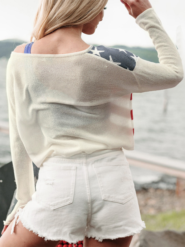 Sweaters- USA Pride Essential Women's Flag Print Sweater Pullover- - IndioGear.com