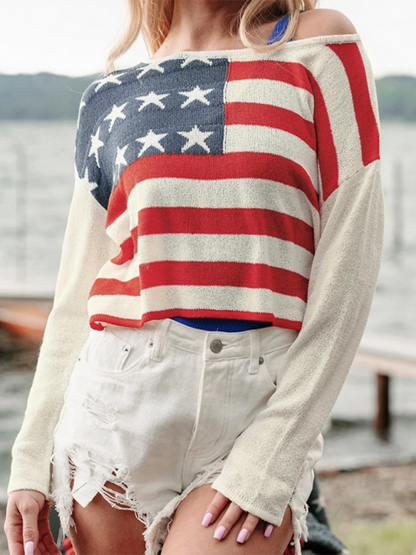 Sweaters- USA Pride Essential Women's Flag Print Sweater Pullover- Cracker khaki- IndioGear.com