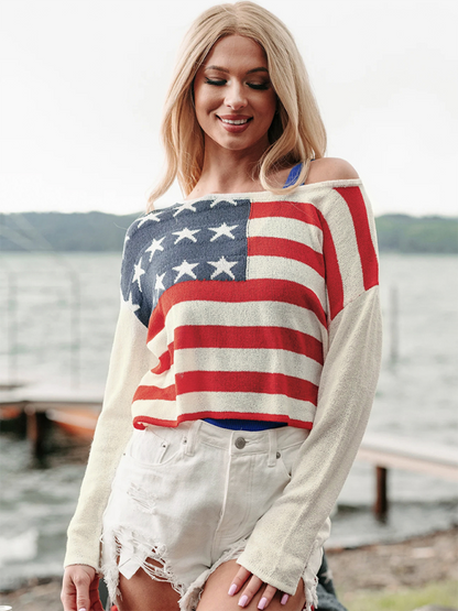 Sweaters- USA Pride Essential Women's Flag Print Sweater Pullover- - IndioGear.com