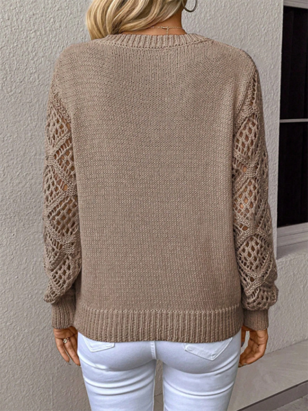 Sweaters- V-neck Hollow Out Embroidery Long Sleeve Sweater Knit Top- - IndioGear.com