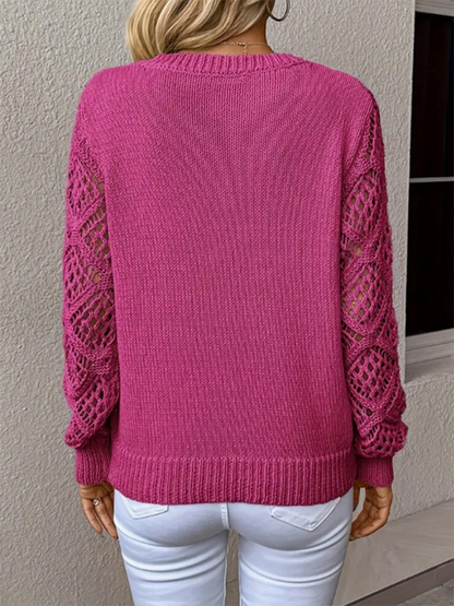 Sweaters- V-neck Hollow Out Embroidery Long Sleeve Sweater Knit Top- - IndioGear.com