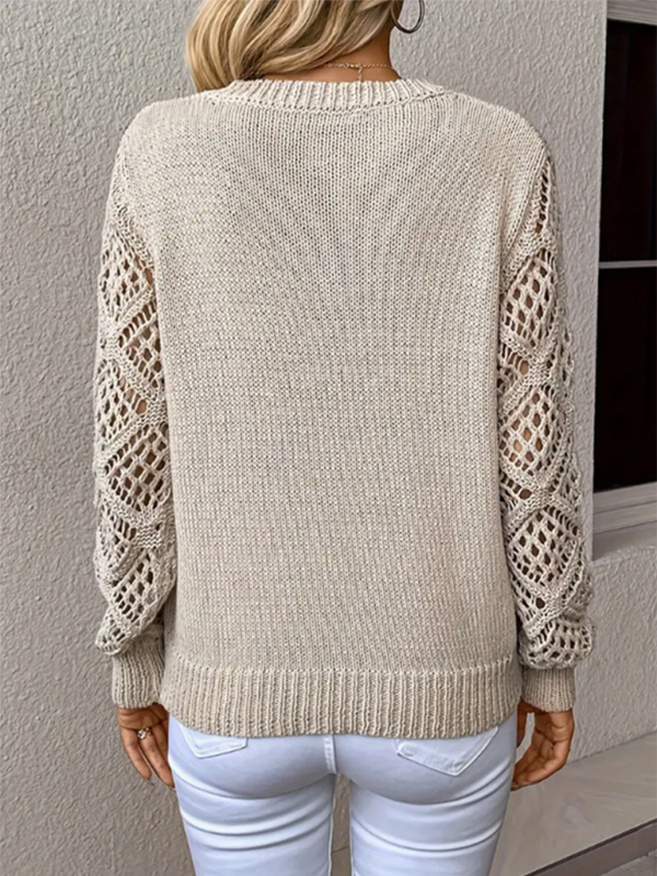 Sweaters- V-neck Hollow Out Embroidery Long Sleeve Sweater Knit Top- - IndioGear.com