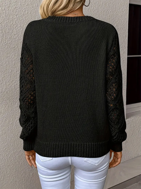 Sweaters- V-neck Hollow Out Embroidery Long Sleeve Sweater Knit Top- - IndioGear.com