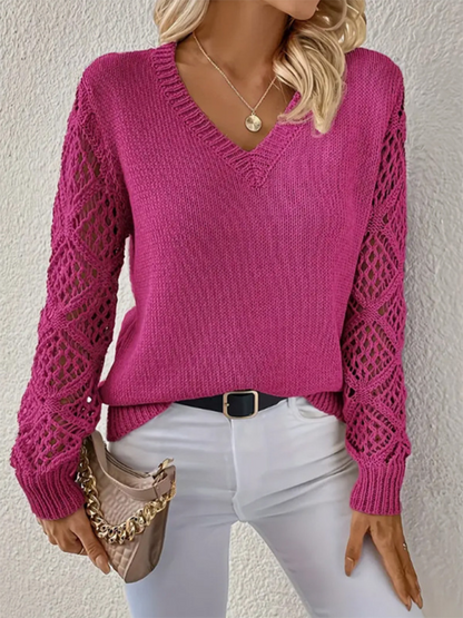 Sweaters- V-neck Hollow Out Embroidery Long Sleeve Sweater Knit Top- - IndioGear.com