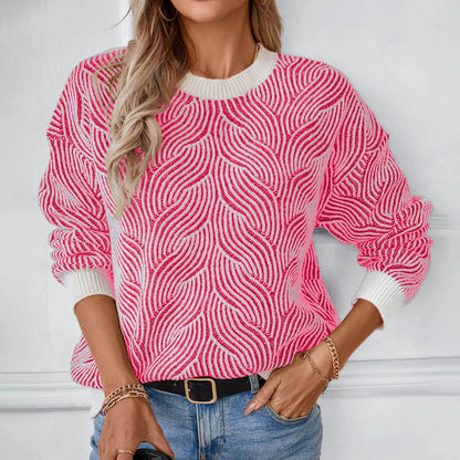 Sweaters- Wave Pattern Cozy Sweater Knit Patterned Jumper- Hot Pink- IndioGear.com