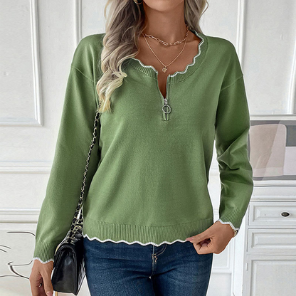 Sweaters- Wavy Contrast Trim Half-Zip Sweater in Olive Green- - IndioGear.com