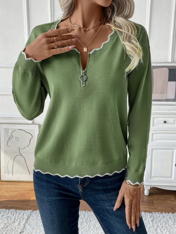 Sweaters- Wavy Contrast Trim Half-Zip Sweater in Olive Green- - IndioGear.com