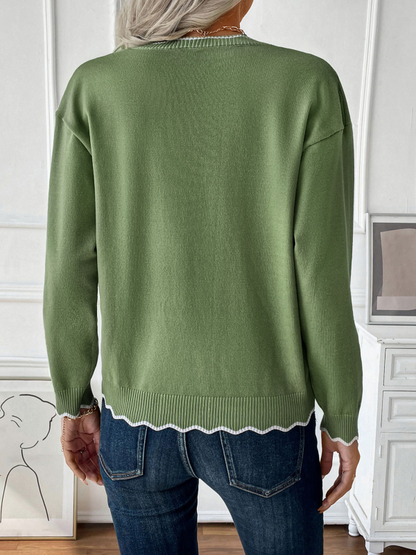 Sweaters- Wavy Contrast Trim Half-Zip Sweater in Olive Green- - IndioGear.com