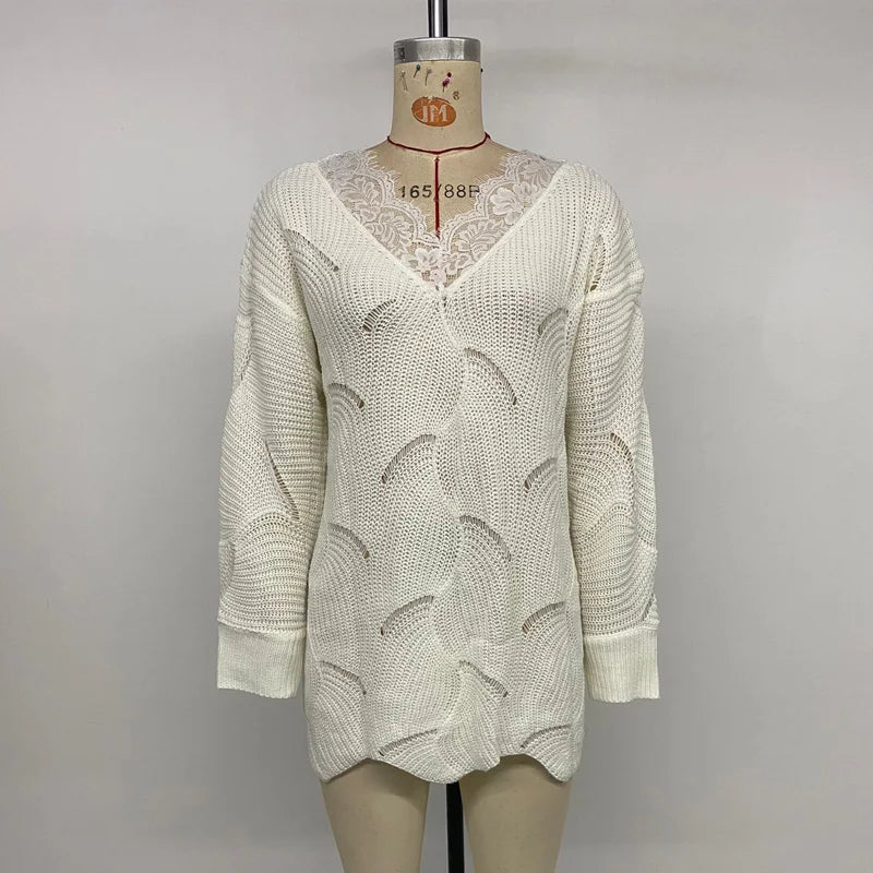 Sweaters- Wavy Knit Women's Cozy Lace V-Neck Sweater- White- IndioGear.com