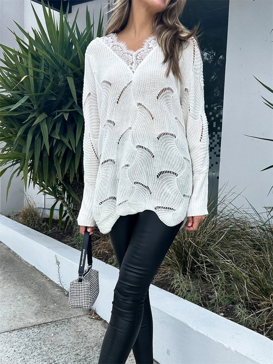 Sweaters- Wavy Knit Women's Cozy Lace V-Neck Sweater- - IndioGear.com