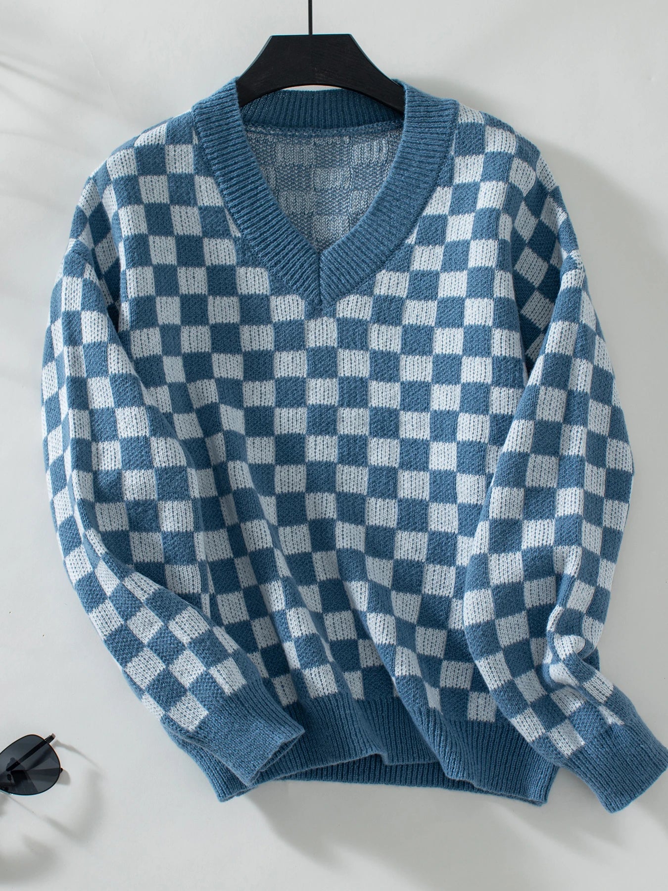 Sweaters- Winter Classic Checkered V-Neck Sweater- Blue- IndioGear.com