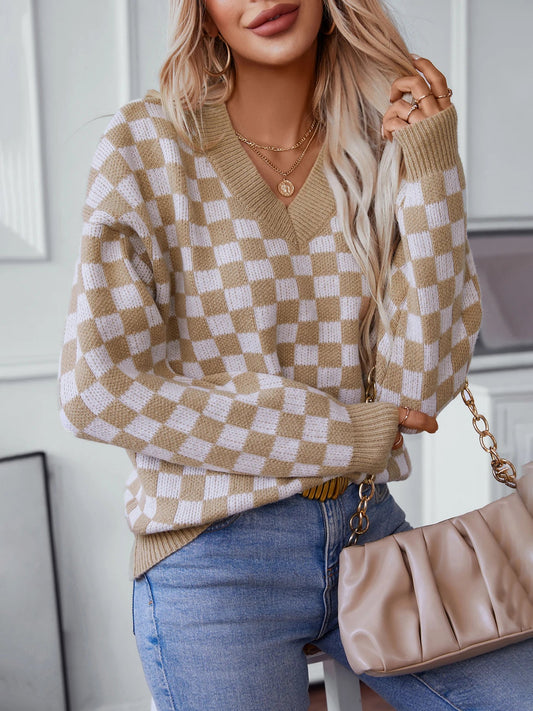 Sweaters- Winter Classic Checkered V-Neck Sweater- Khaki- IndioGear.com