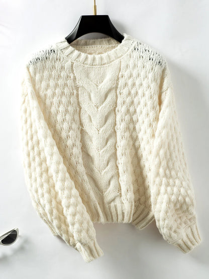 Sweaters- Women Cable Knit Crewneck Sweater- Beige- IndioGear.com