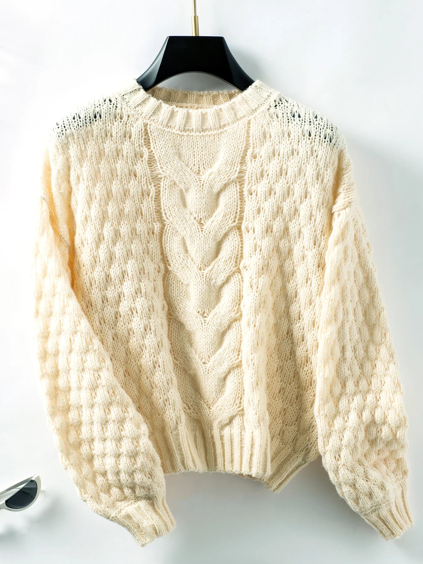 Sweaters- Women Cable Knit Crewneck Sweater- Apricot- IndioGear.com