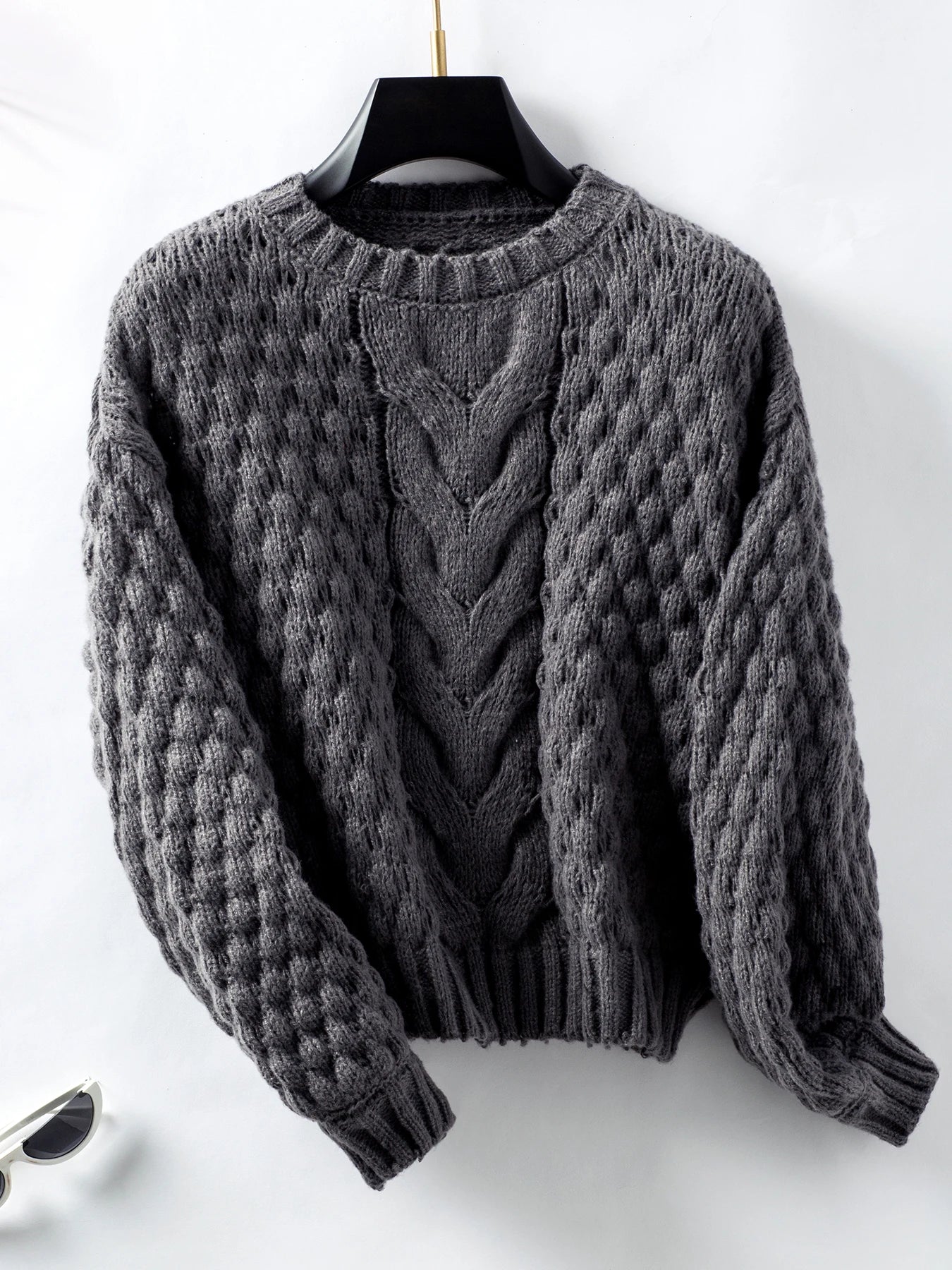 Sweaters- Women Cable Knit Crewneck Sweater- Dark Grey- IndioGear.com