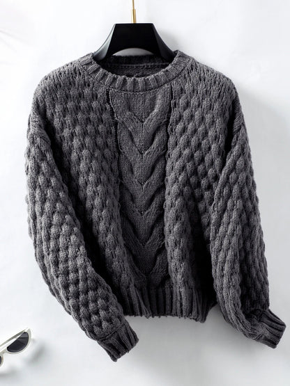 Sweaters- Women Cable Knit Crewneck Sweater- Dark Grey- IndioGear.com