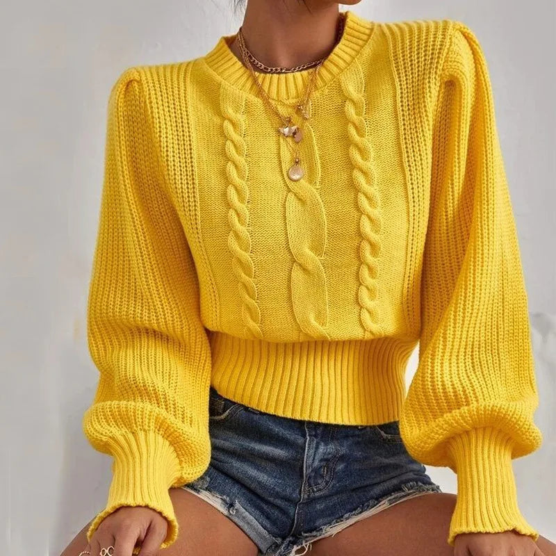 Sweaters- Women Cozy Crewneck Lantern Sleeve Sweater- Yellow- IndioGear.com