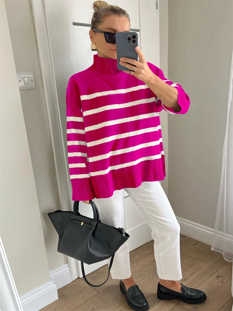 Sweaters- Women Cozy Striped Turtleneck Sweater for Fall and Winter- - IndioGear.com