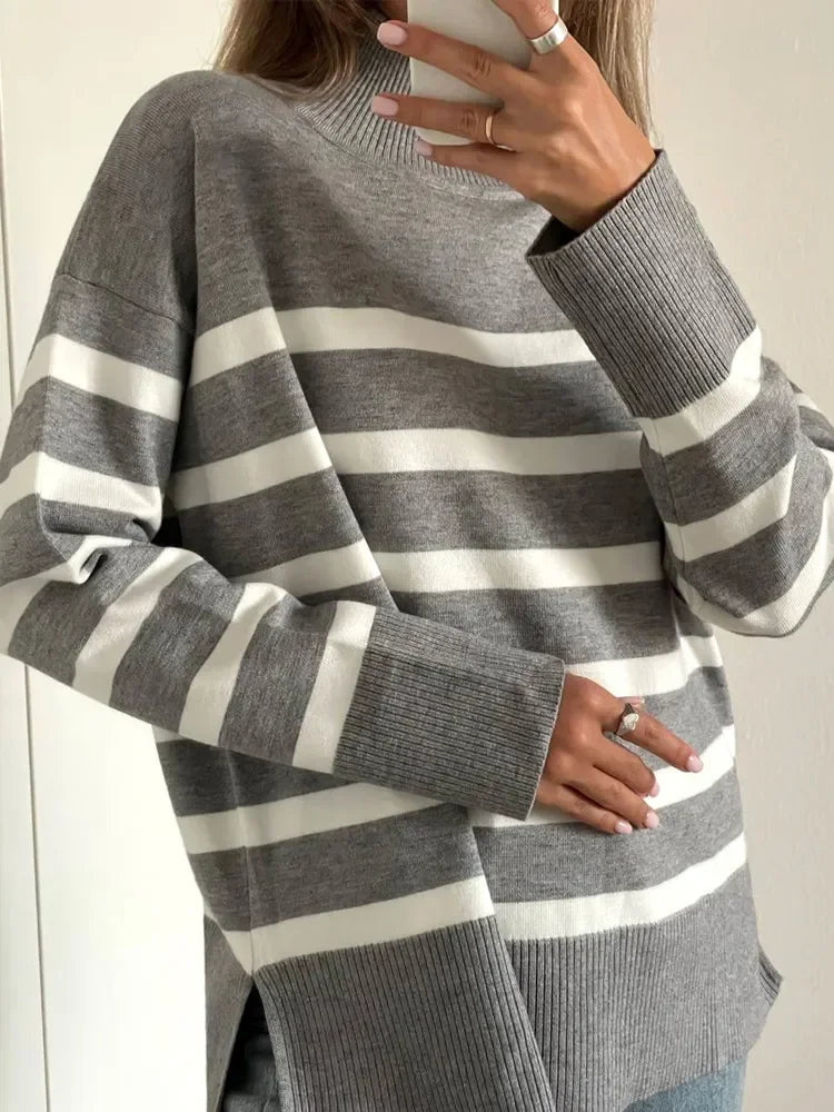 Sweaters- Women Cozy Striped Turtleneck Sweater for Fall and Winter- - IndioGear.com