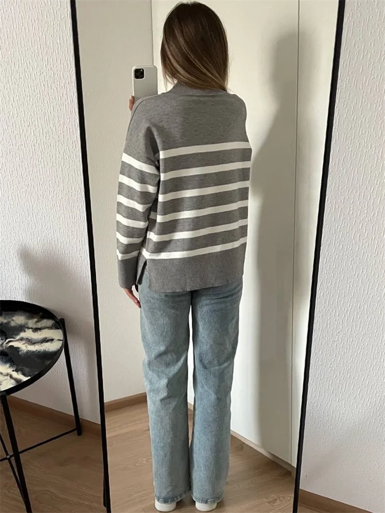 Sweaters- Women Cozy Striped Turtleneck Sweater for Fall and Winter- - IndioGear.com