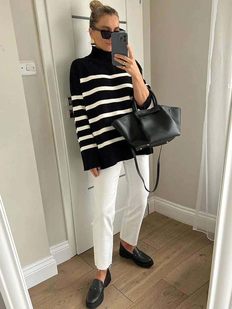 Sweaters- Women Cozy Striped Turtleneck Sweater for Fall and Winter- - IndioGear.com