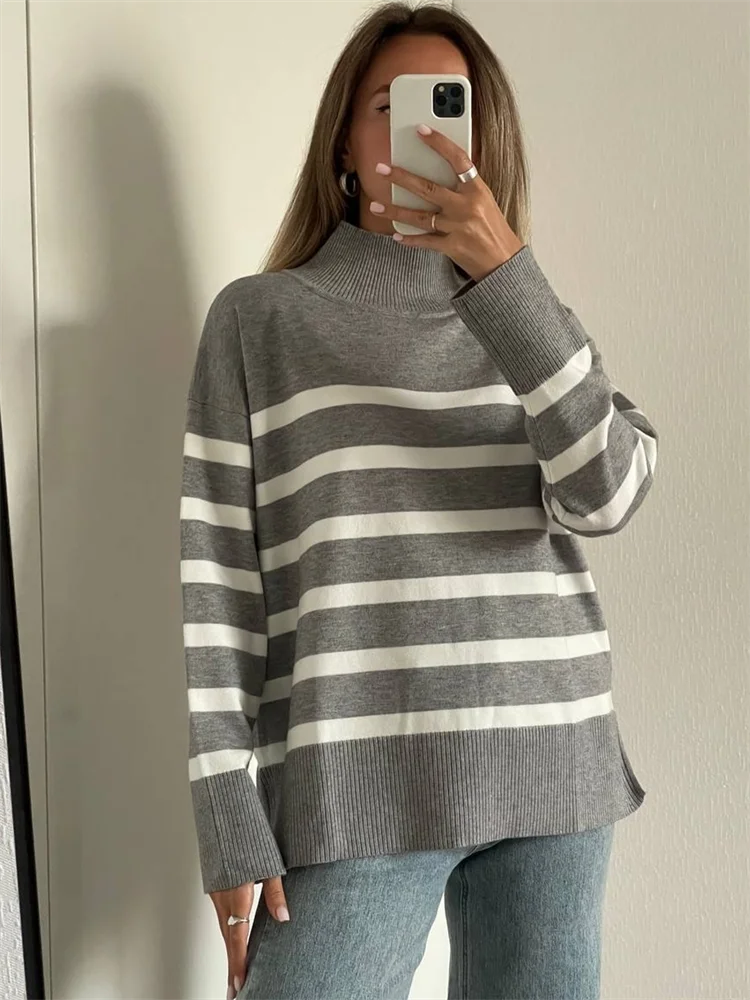 Sweaters- Women Cozy Striped Turtleneck Sweater for Fall and Winter- Gray- IndioGear.com