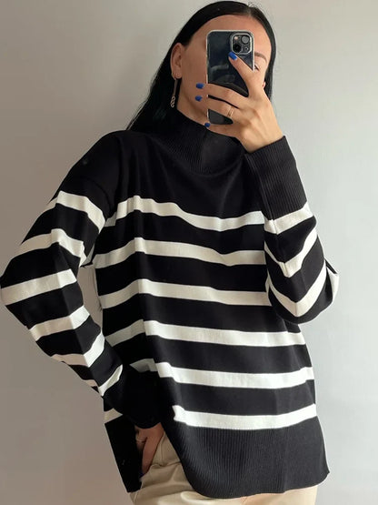 Sweaters- Women Cozy Striped Turtleneck Sweater for Fall and Winter- Black- IndioGear.com