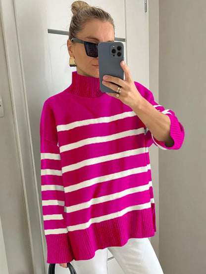 Sweaters- Women Cozy Striped Turtleneck Sweater for Fall and Winter- Hot Pink- IndioGear.com