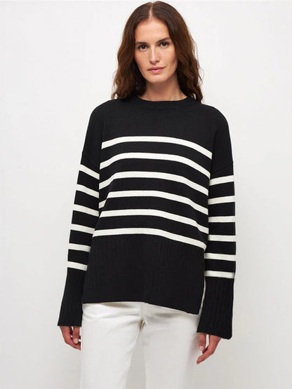 Sweaters- Women Drop Shoulder Stripe Jumper Relaxed Sweater Chilly Days- Black- IndioGear.com