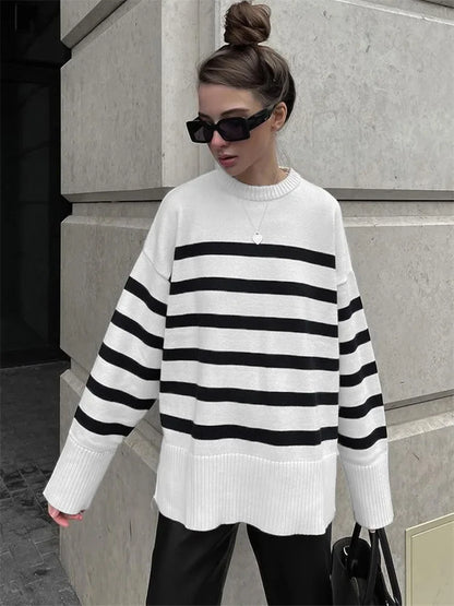 Sweaters- Women Drop Shoulder Stripe Jumper Relaxed Sweater Chilly Days- White- IndioGear.com