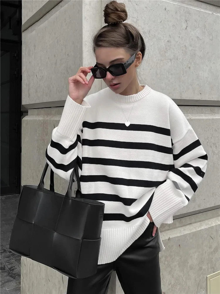 Sweaters- Women Drop Shoulder Stripe Jumper Relaxed Sweater Chilly Days- - IndioGear.com