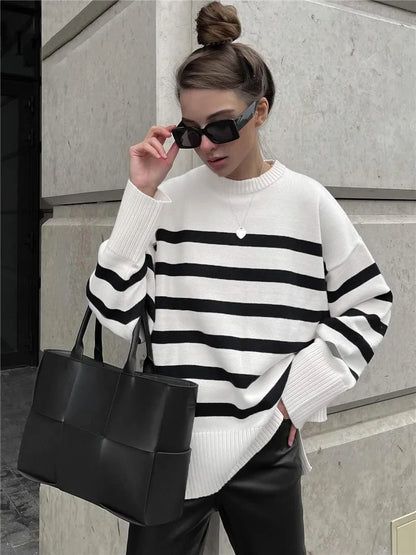 Sweaters- Women Drop Shoulder Stripe Jumper Relaxed Sweater Chilly Days- - IndioGear.com