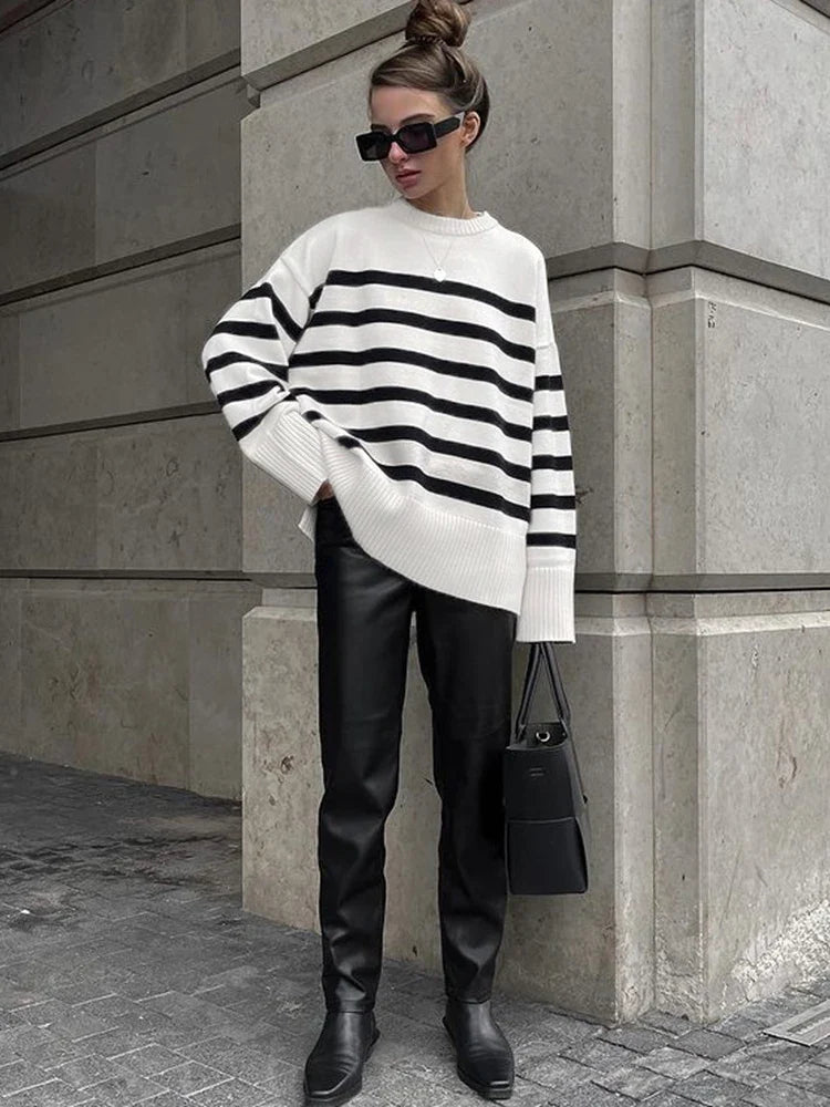 Sweaters- Women Drop Shoulder Stripe Jumper Relaxed Sweater Chilly Days- - IndioGear.com