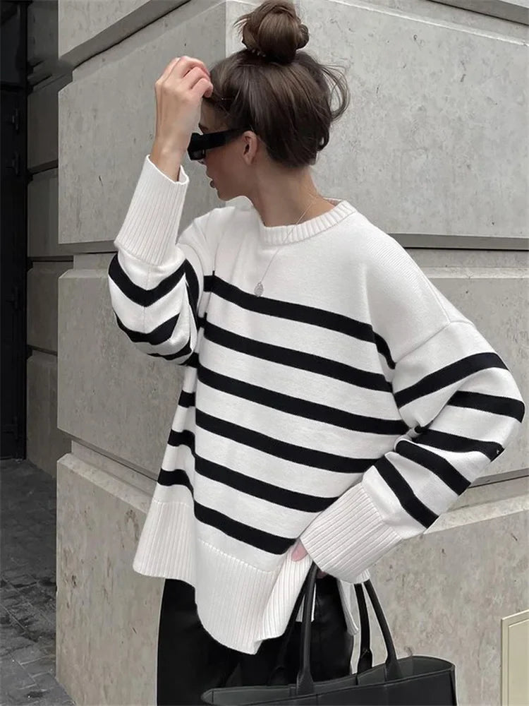 Sweaters- Women Drop Shoulder Stripe Jumper Relaxed Sweater Chilly Days- - IndioGear.com