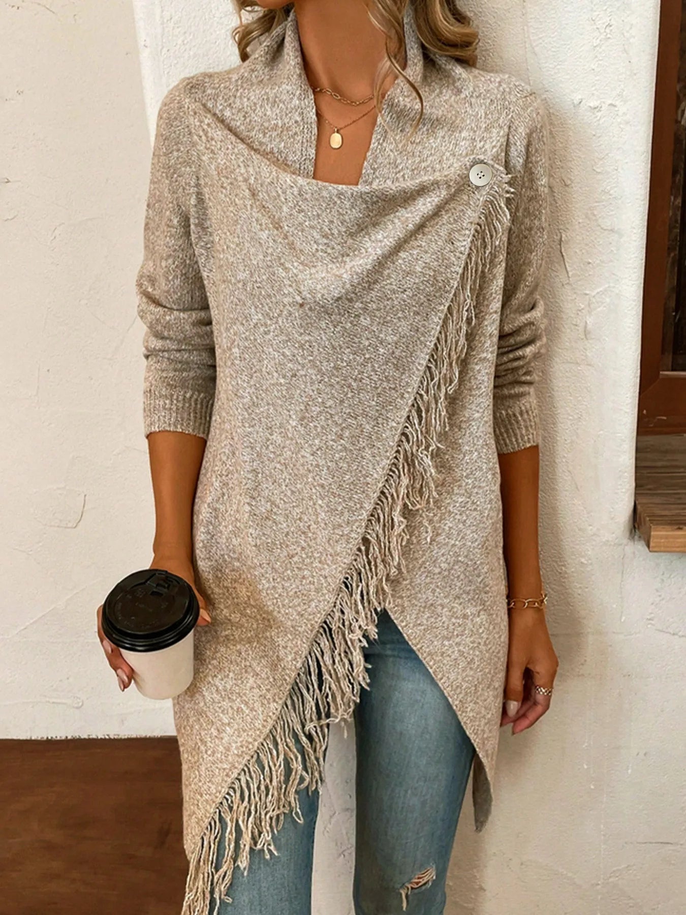 Sweaters- Women Elegant Draped Asymmetrical Fringe Sweater- Khaki- IndioGear.com