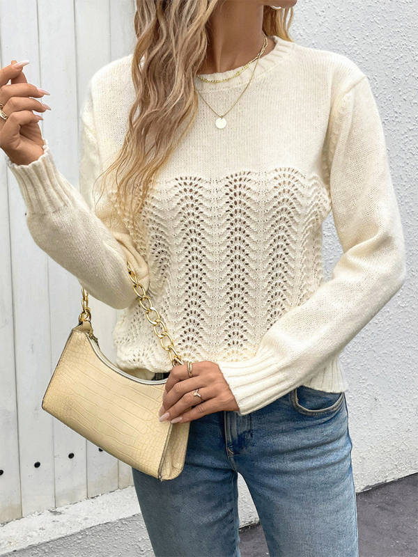 Sweaters- Women Elegant Openwork Knit Sweater- Cracker khaki- IndioGear.com