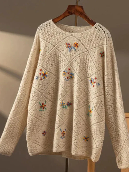 Sweaters- Women Embroidered Cotton-Blend Sweater for Chilly Days- - IndioGear.com