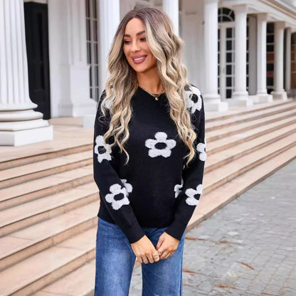 Sweaters- Women Floral Appliqué Sweater - Your Go-To Autumn Essential- - IndioGear.com