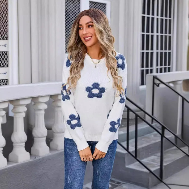 Sweaters- Women Floral Appliqué Sweater - Your Go-To Autumn Essential- - IndioGear.com