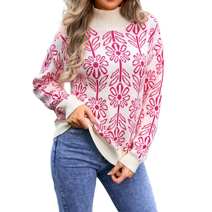 Sweaters- Women Floral Knitting High Neck Sweater - Office to Evening- Hot Pink- IndioGear.com