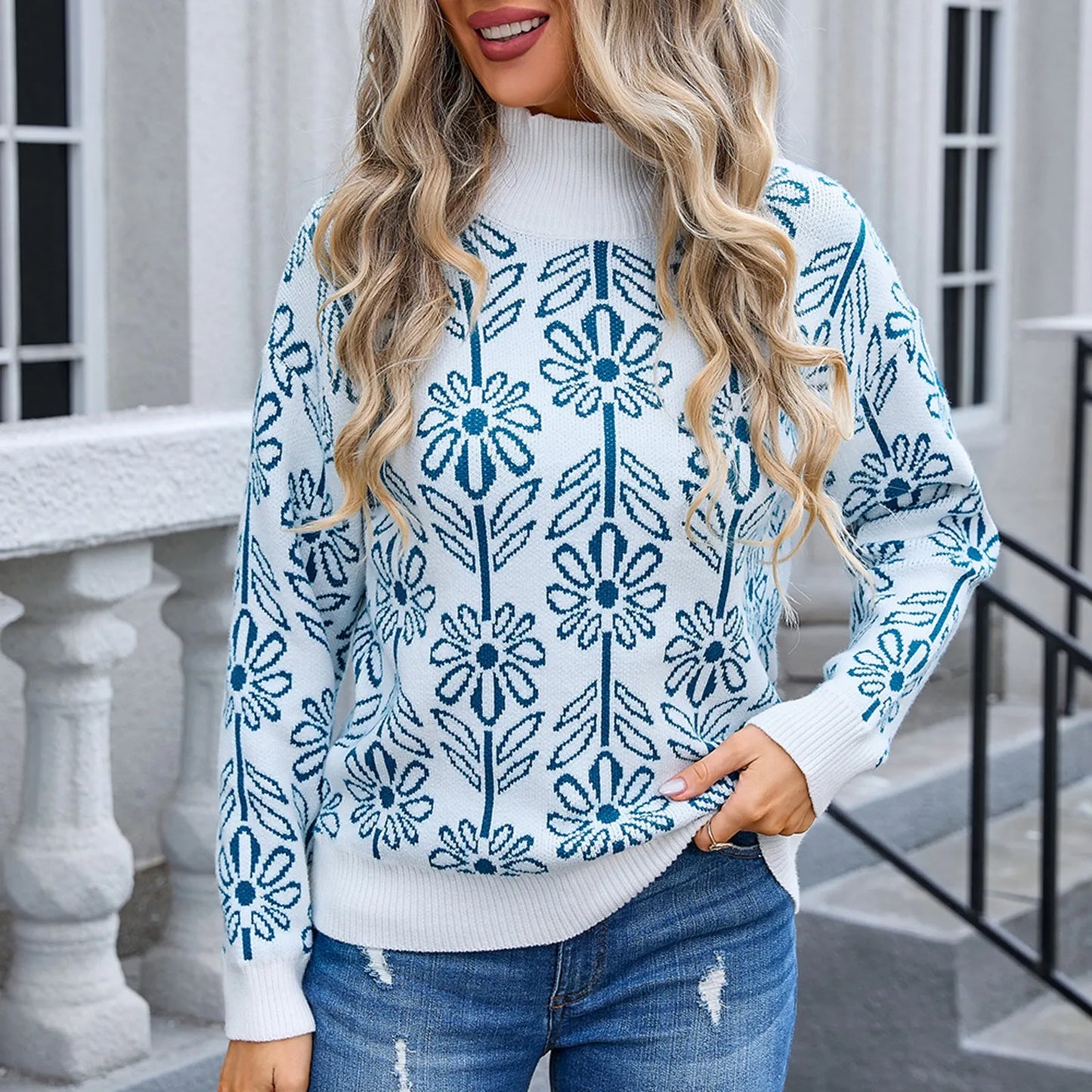 Sweaters- Women Floral Knitting High Neck Sweater - Office to Evening- - IndioGear.com