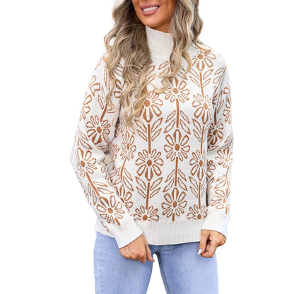 Sweaters- Women Floral Knitting High Neck Sweater - Office to Evening- Khaki- IndioGear.com