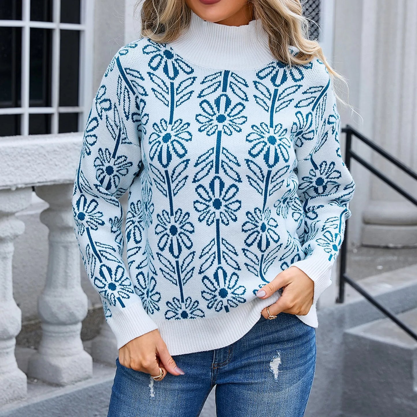 Sweaters- Women Floral Knitting High Neck Sweater - Office to Evening- - IndioGear.com