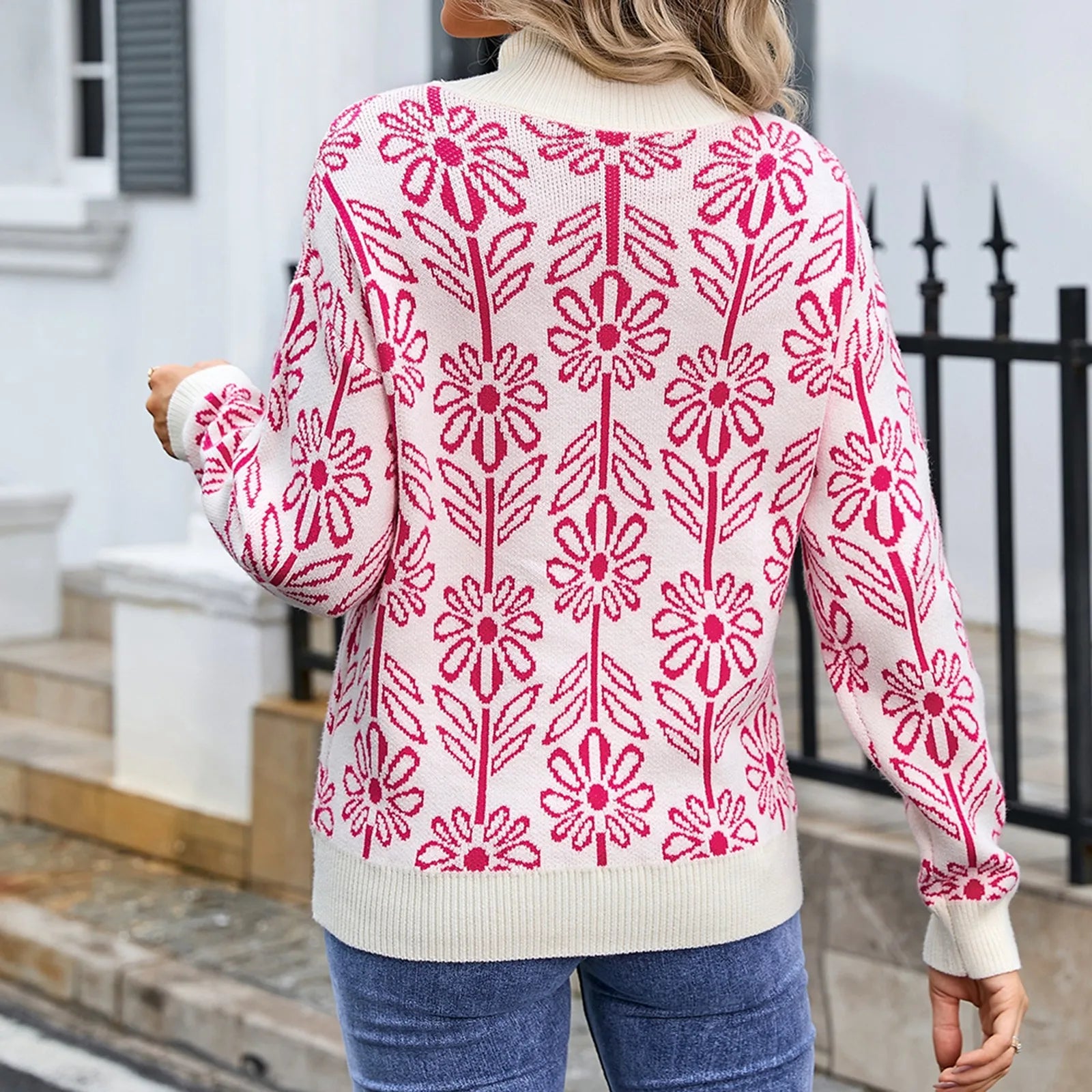 Sweaters- Women Floral Knitting High Neck Sweater - Office to Evening- - IndioGear.com