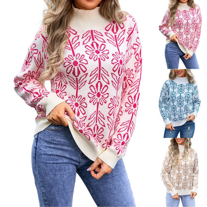 Sweaters- Women Floral Knitting High Neck Sweater - Office to Evening- - IndioGear.com