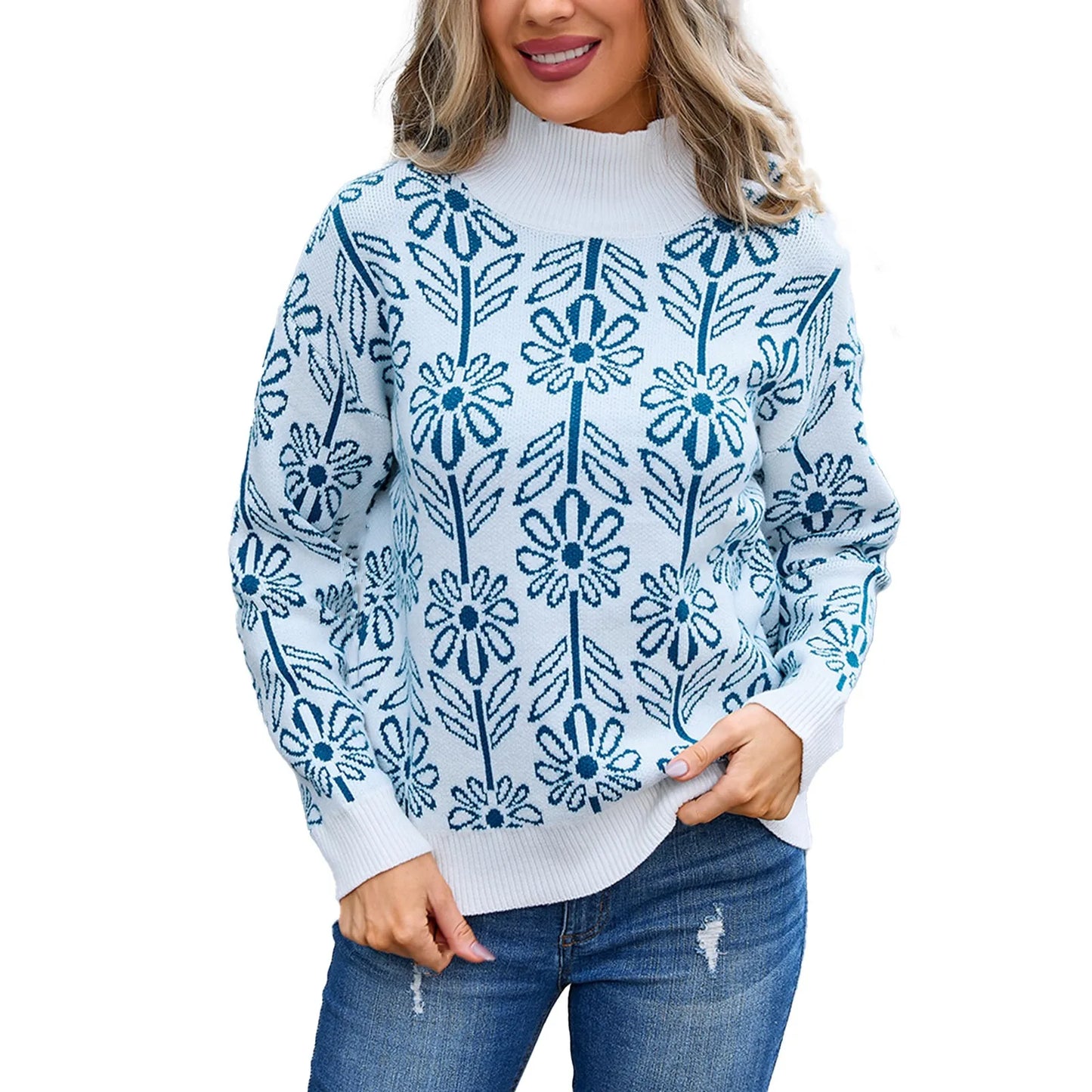 Sweaters- Women Floral Knitting High Neck Sweater - Office to Evening- Sky Blue- IndioGear.com