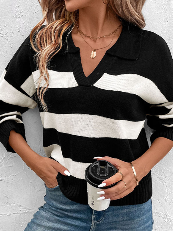 Sweaters- Women Horizontal Stripe V-Neck Sweater for Morning Coffee- - IndioGear.com