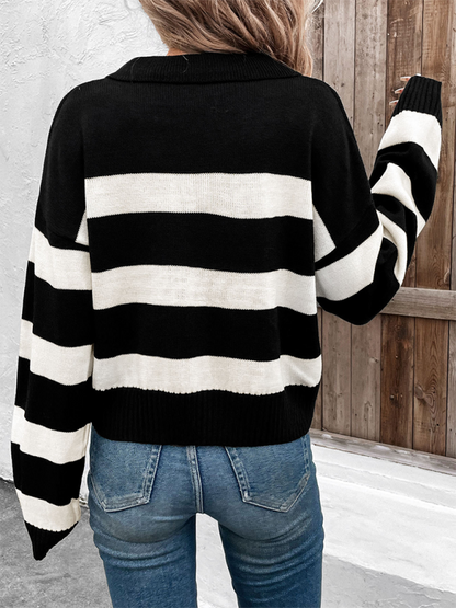 Sweaters- Women Horizontal Stripe V-Neck Sweater for Morning Coffee- - IndioGear.com