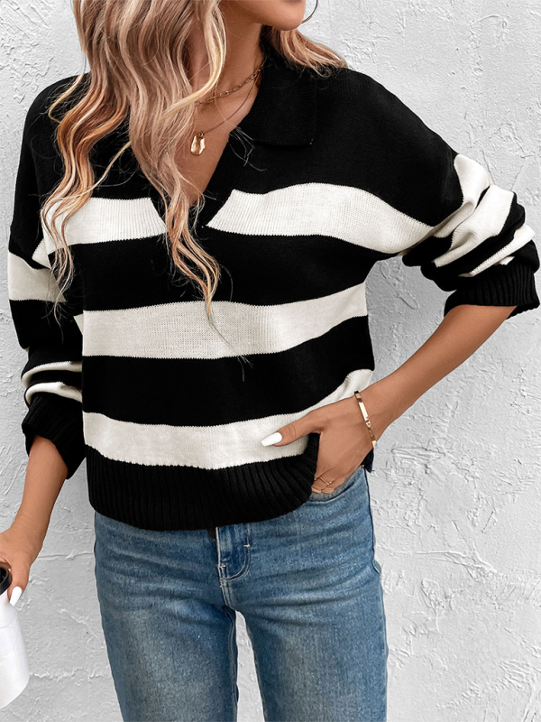 Sweaters- Women Horizontal Stripe V-Neck Sweater for Morning Coffee- - IndioGear.com